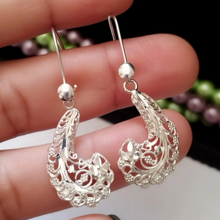 گوشواره نقره آویز زنانه طرح ملیله عیار 925 بزرگ