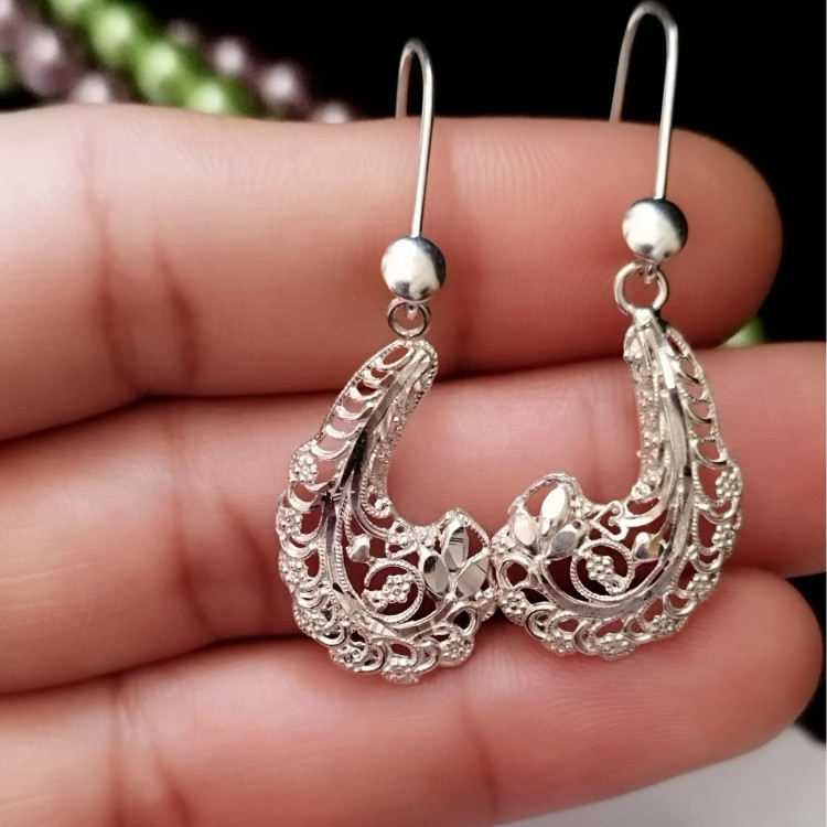 گوشواره نقره آویز زنانه طرح ملیله عیار 925 بزرگ