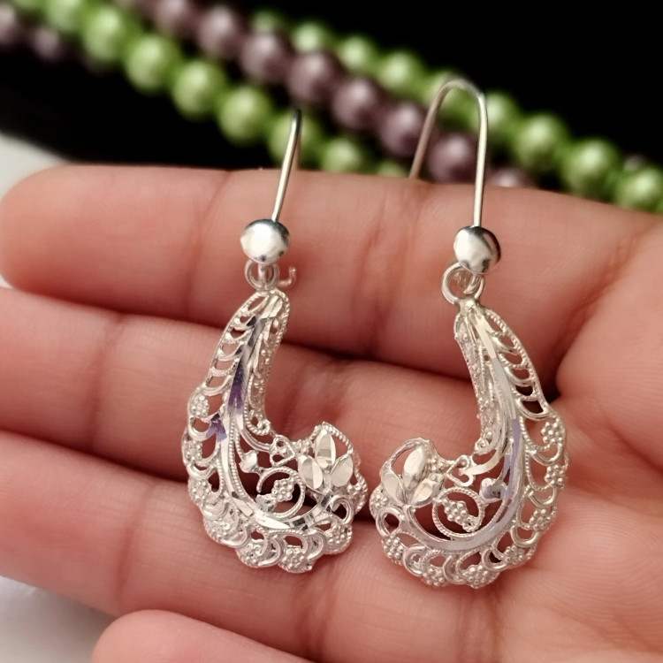 گوشواره نقره آویز زنانه طرح ملیله عیار 925 بزرگ