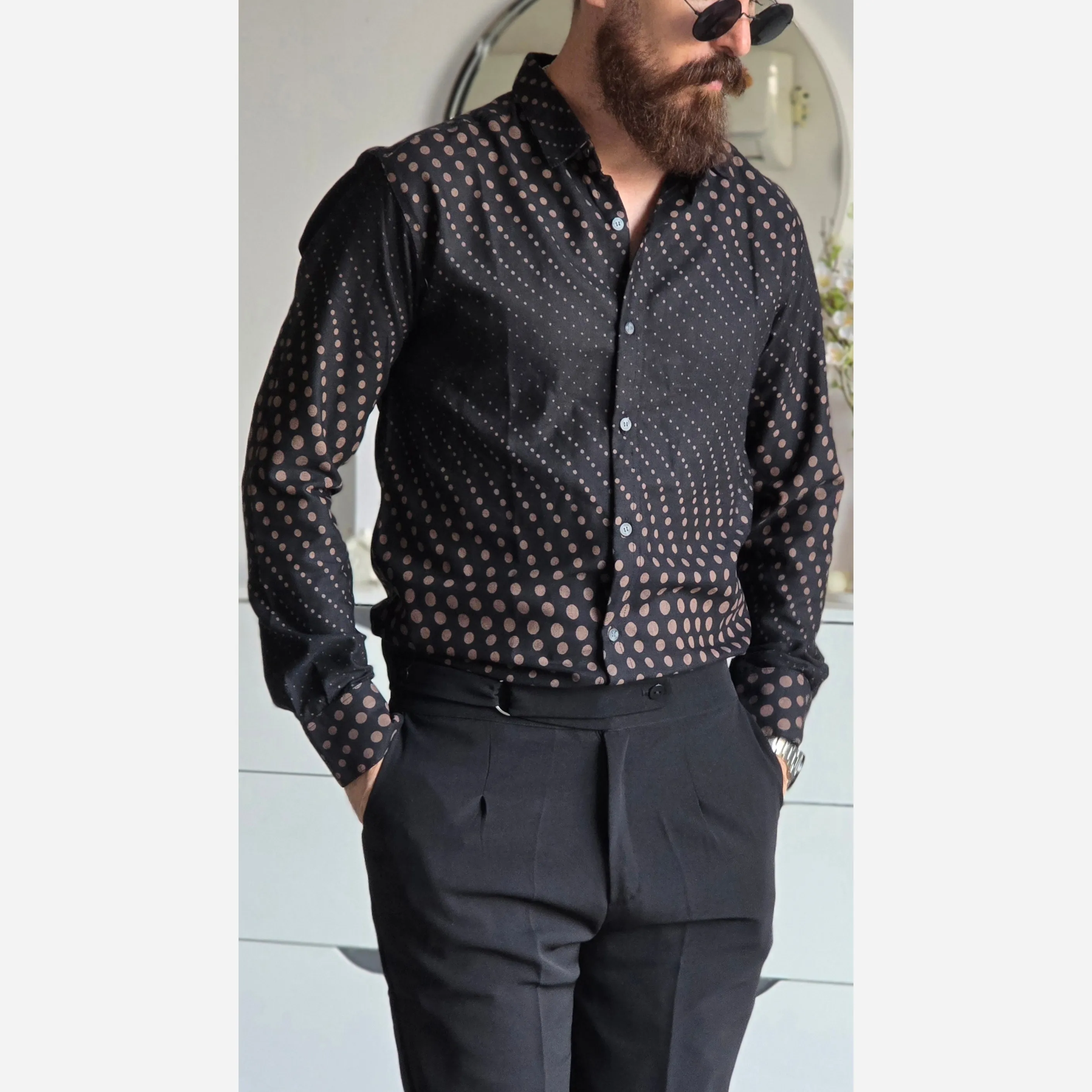 پیراهن مشکی مردانه آستین بلند طرح دار پارچه سارینا سایز M تا XXL