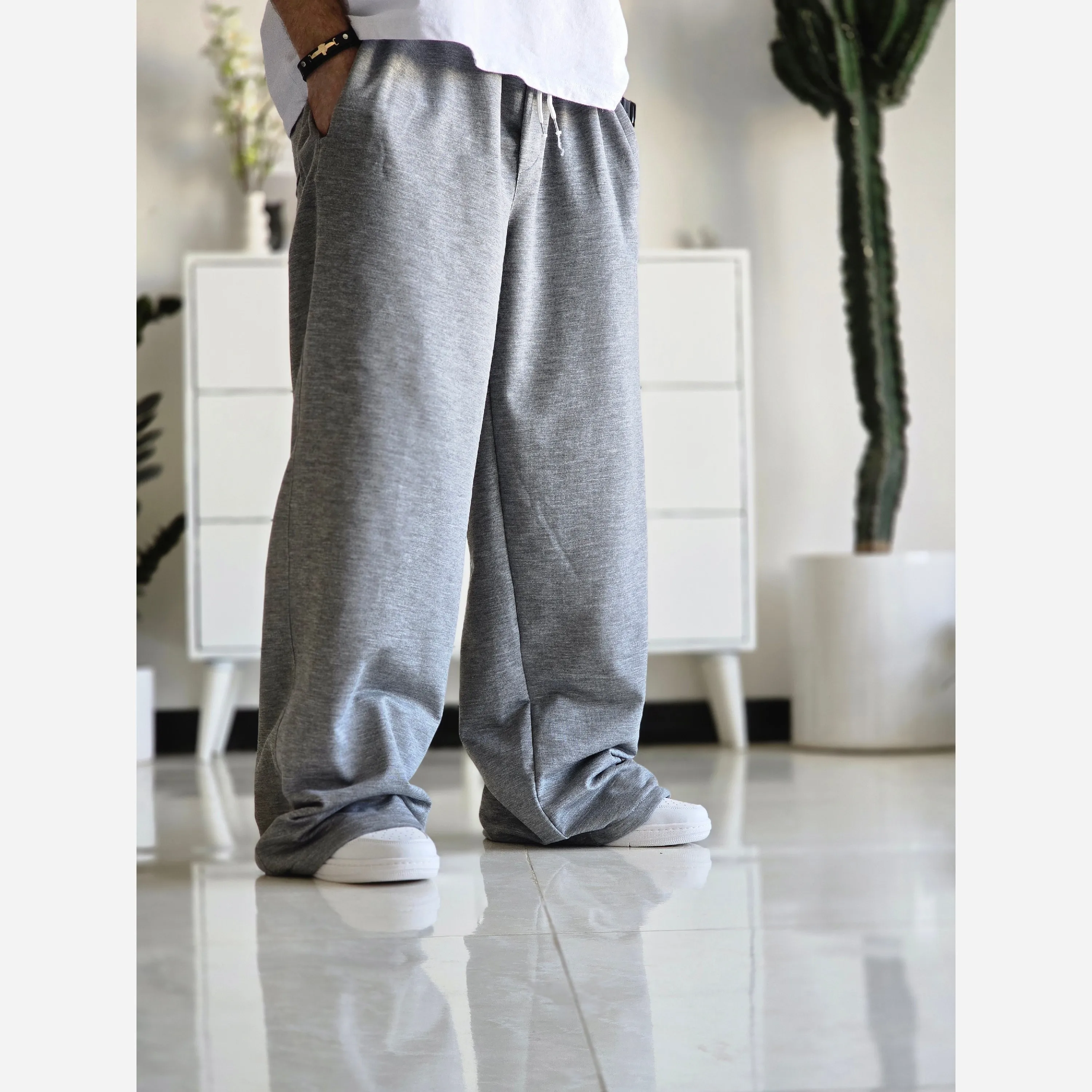 شلوار اسلش فول بگ پارچه ملانژ خنک رنگ طوسی و مشکی سایز بزرگ XXL و XXXL
