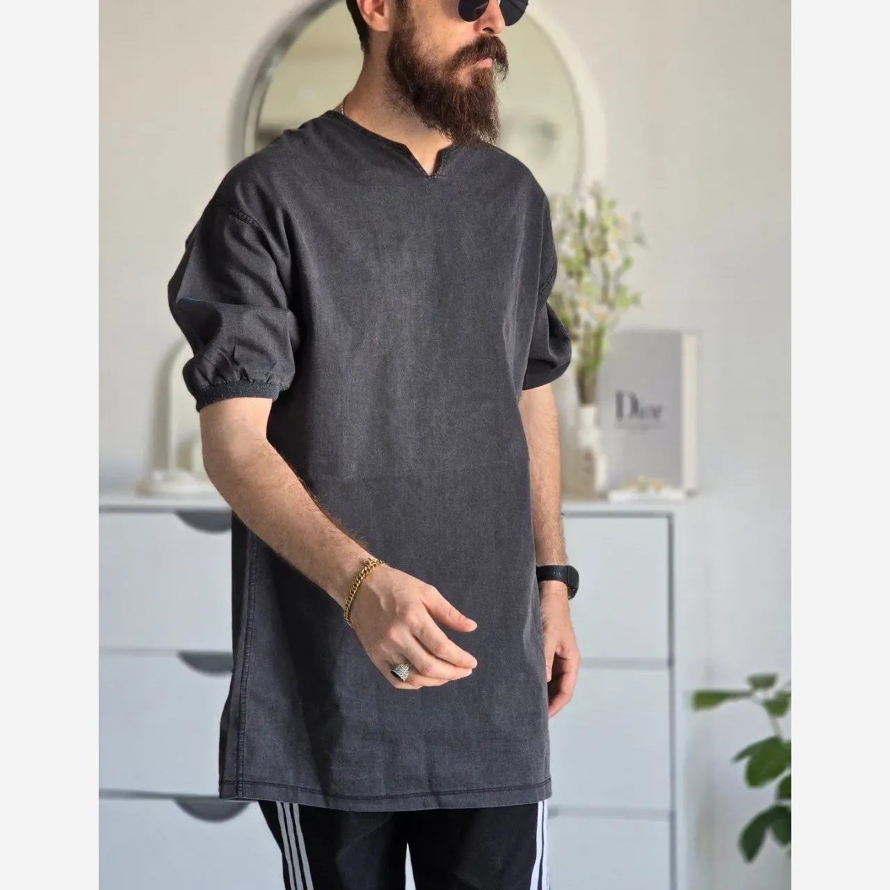 تیشرت لی مردانه یقه کوبایی آستین کش رنگ آبی و ذغالی سایز L XL XXL