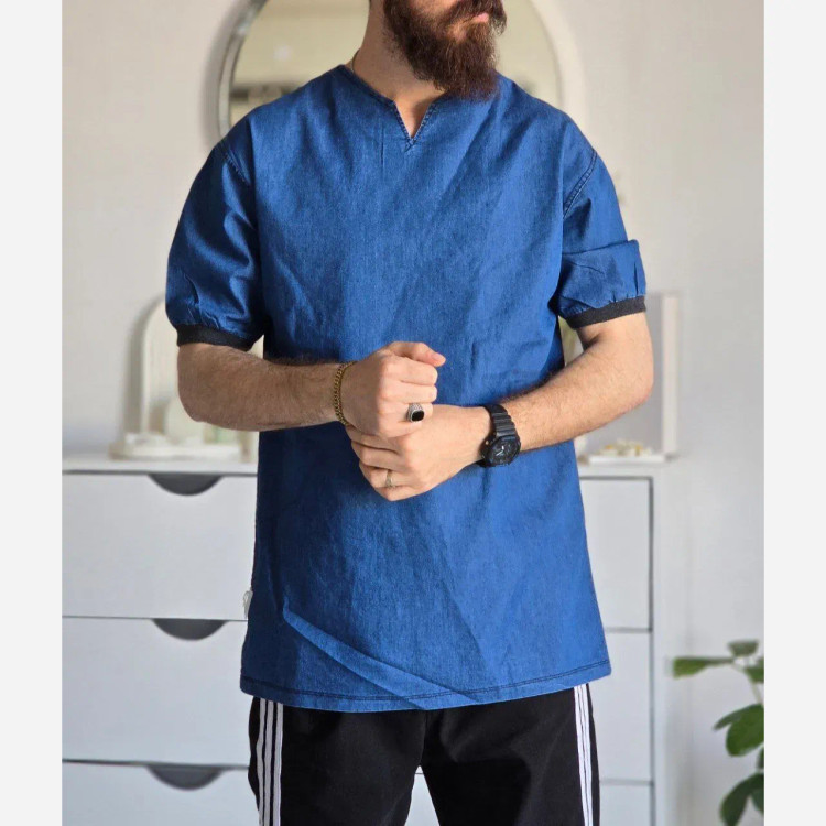 تیشرت لی مردانه یقه کوبایی آستین کش رنگ آبی و ذغالی سایز L XL XXL