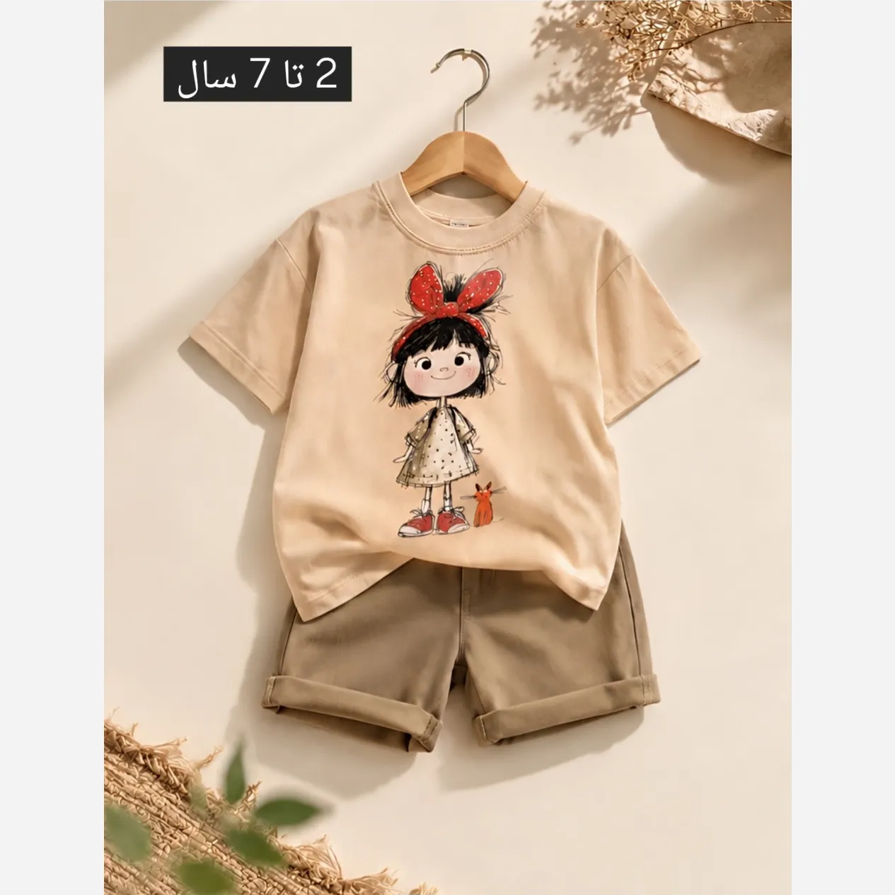تیشرت شلوارک دخترانه طرح گربه پنبه و لینن مناسب 2 تا 8 سال