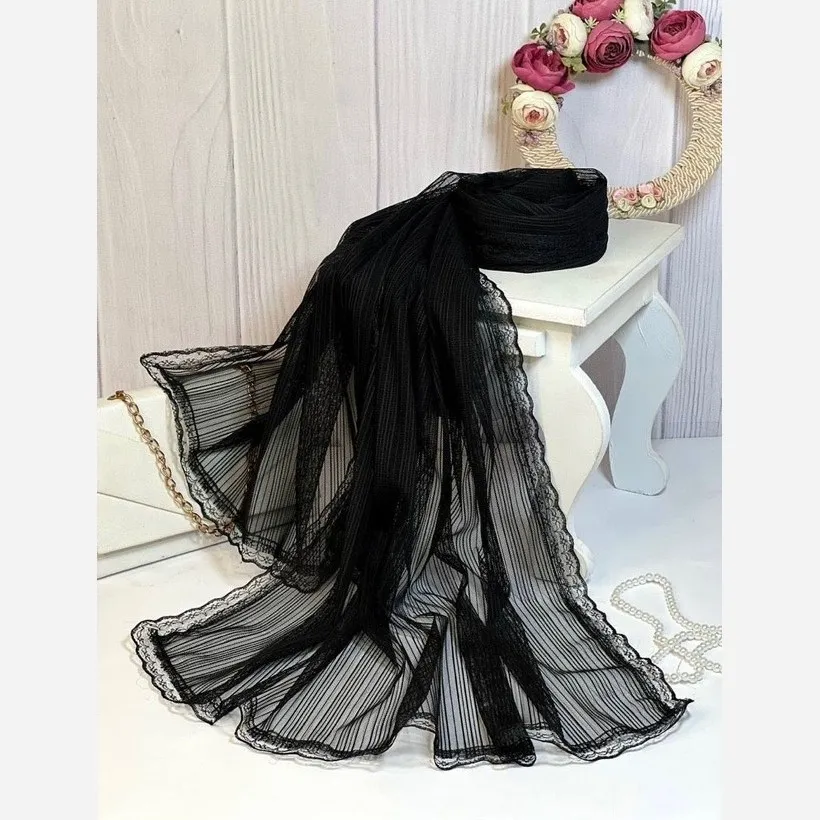 شال مشکی تور دیپلمات زنانه حاشیه گیپور دوزی شده ابعاد 180x52