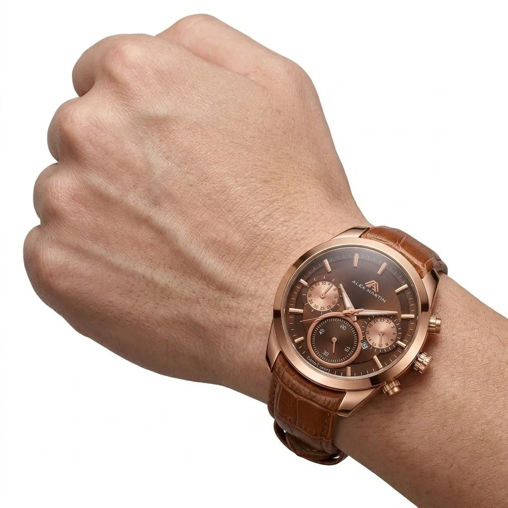ساعت مردانه چرمی قهوه ای الکس مارتین طرح سه موتور تقویم دار موتور ژاپن