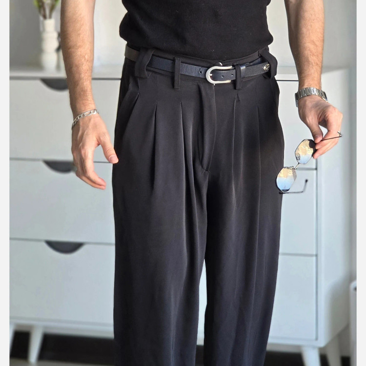شلوار بگ پارچه ای زنانه مدل پیله دار جنس کاترین رنگ مشکی سایز L تا 3XL