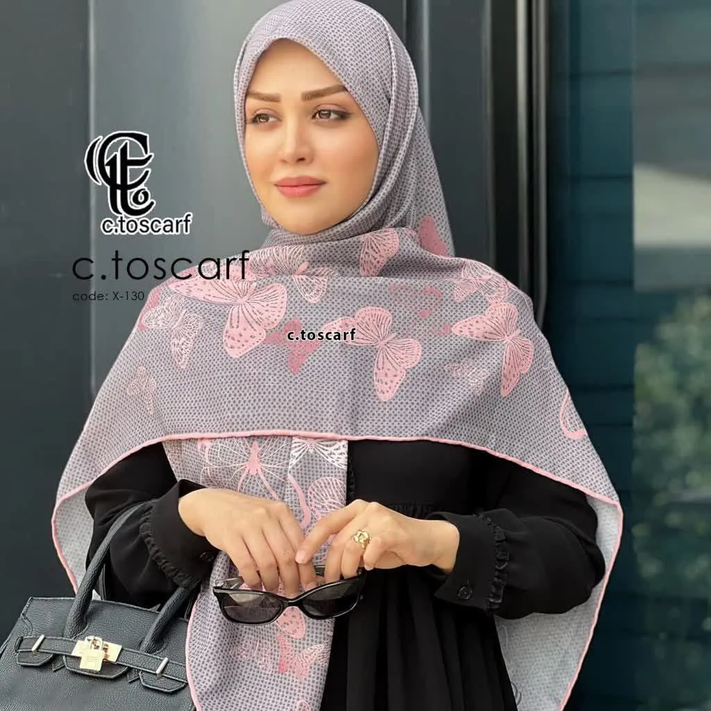 روسری نخ کاستوم طرح پروانه خال خالی طوسی صورتی قواره بزرگ 140 سانتیمتر