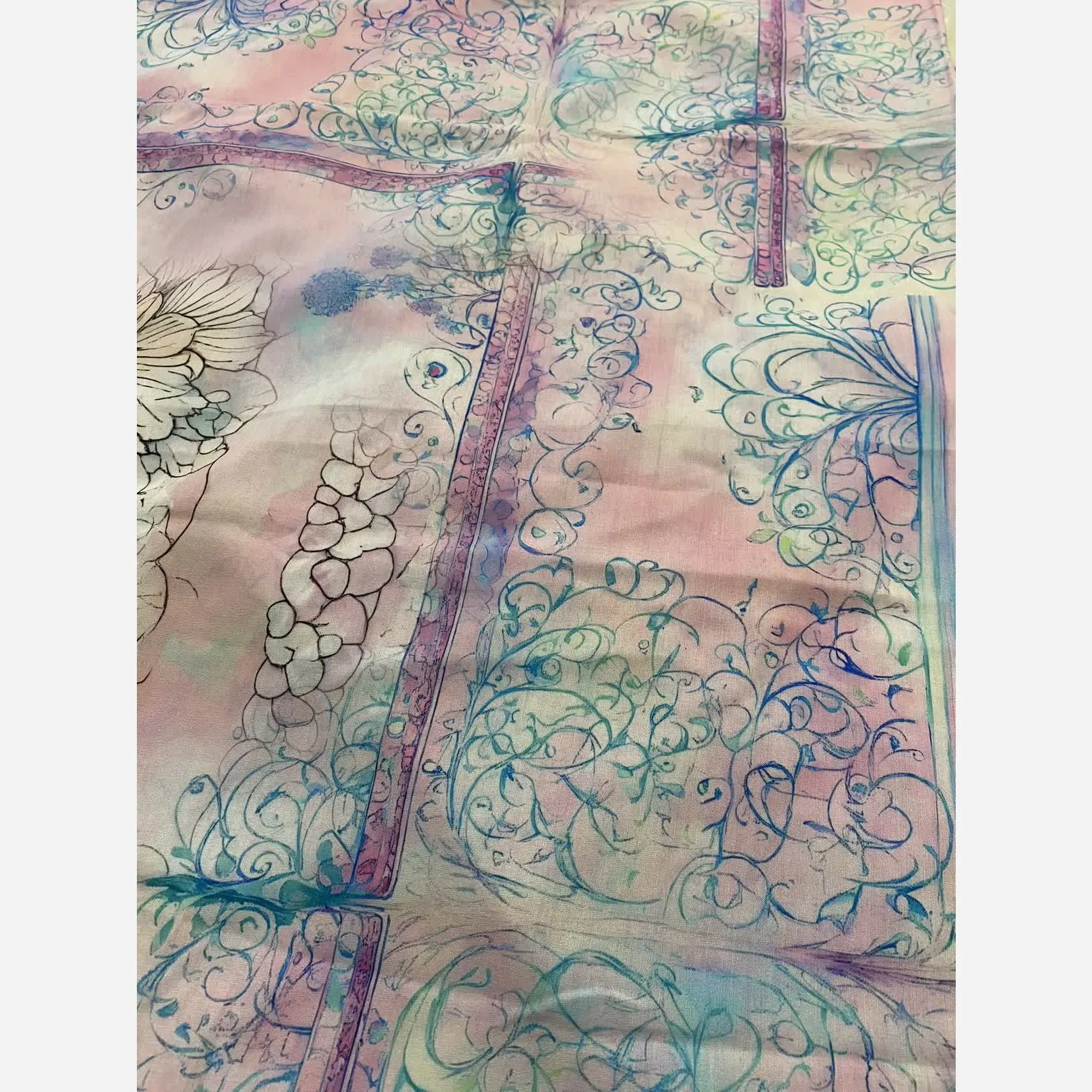 روسری نخی قواره 140 دور دوخت طرح بهار