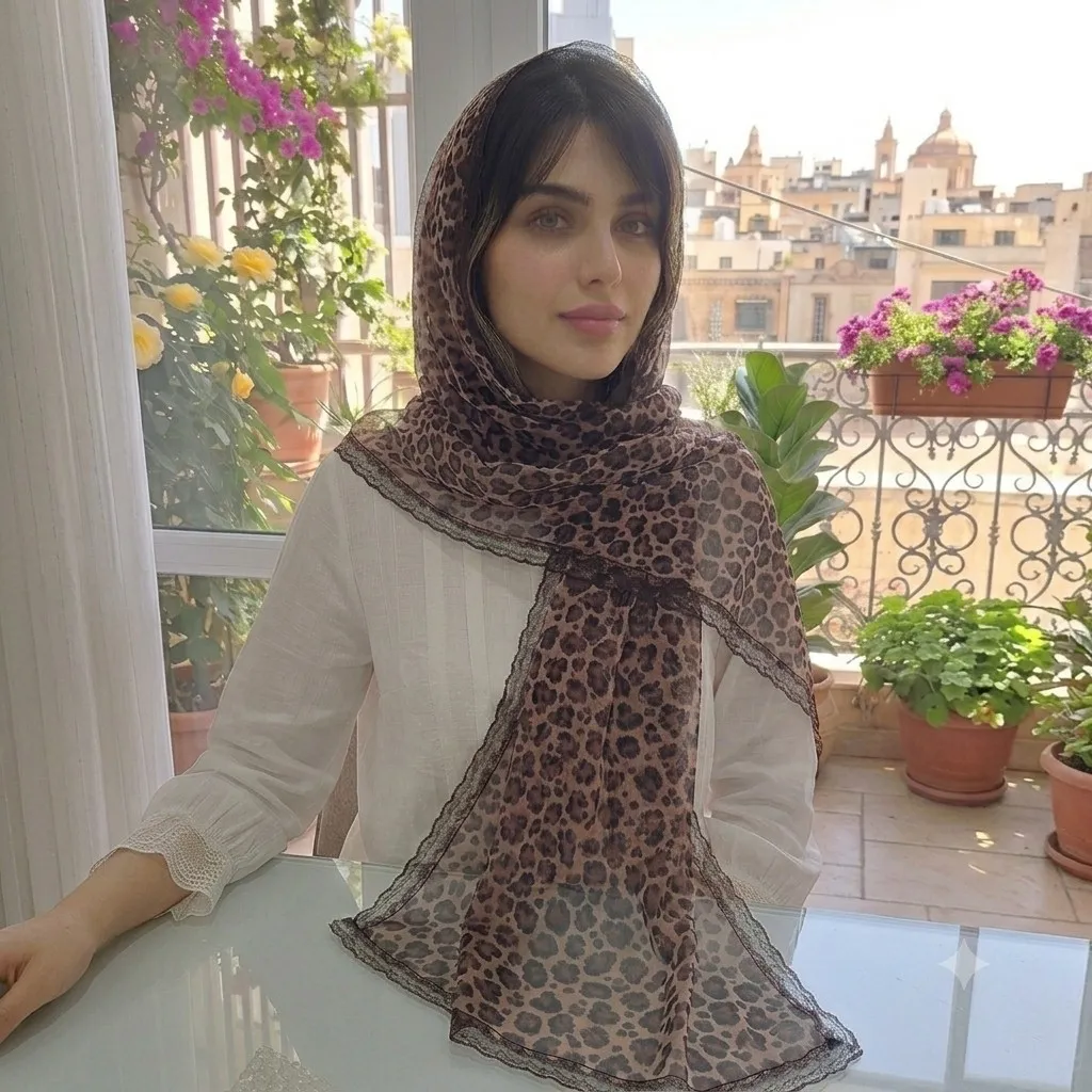 شال پلنگی قهوه ای دور دانتل و گیپور دوزی شده مناسب بهار و تابستان سایز 180 در 52 زنانه