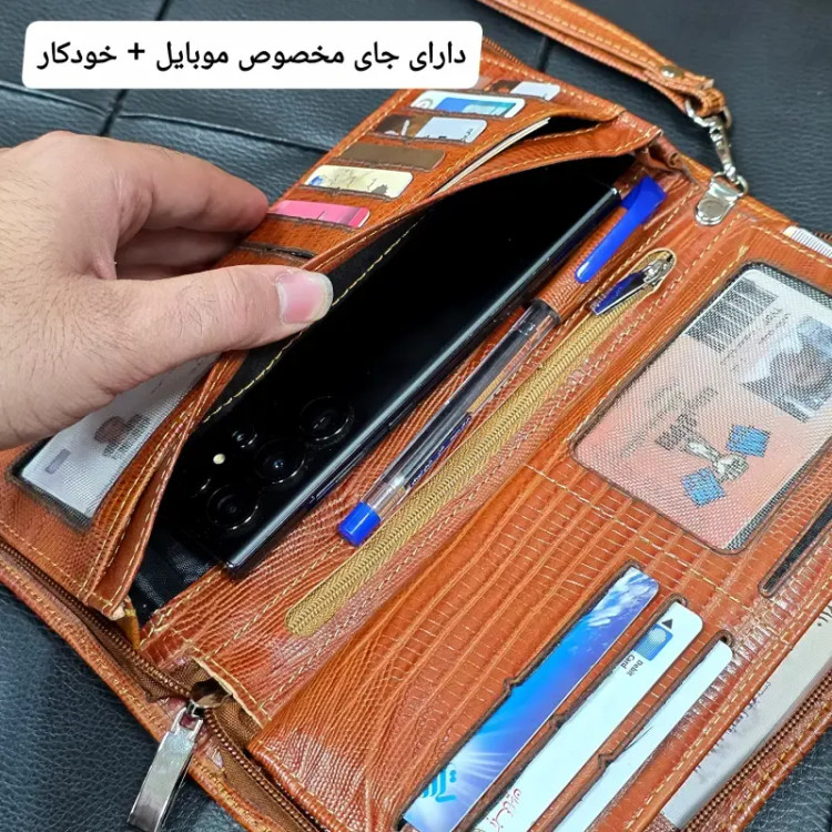 کیف دسته چک چرم طبیعی گاوی مردانه با جای کارت و موبایل (2)