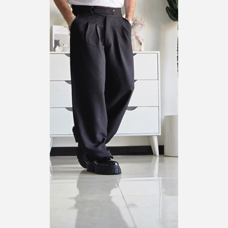 شلوار بگ پارچه ای کجراه مشکی کمر ایتالیایی سایز L تا 3XL