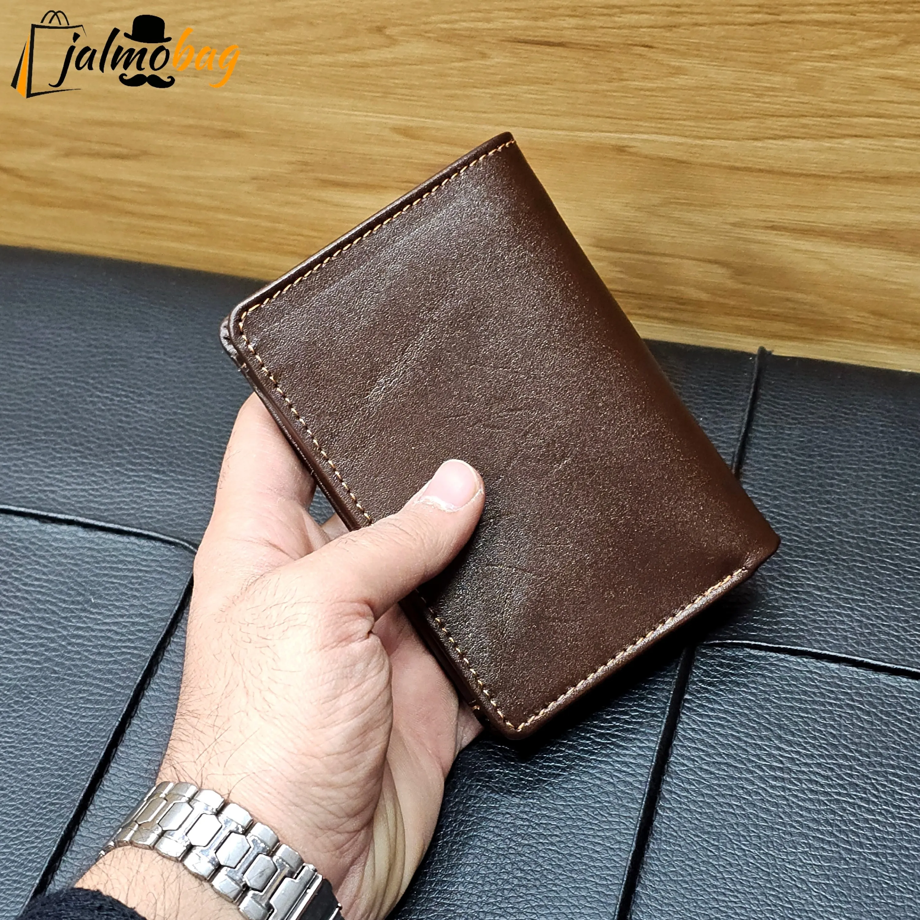 کیف پول جیبی چرم طبیعی گاوی دوخت تمیز با جای اسکناس و جاکارتی