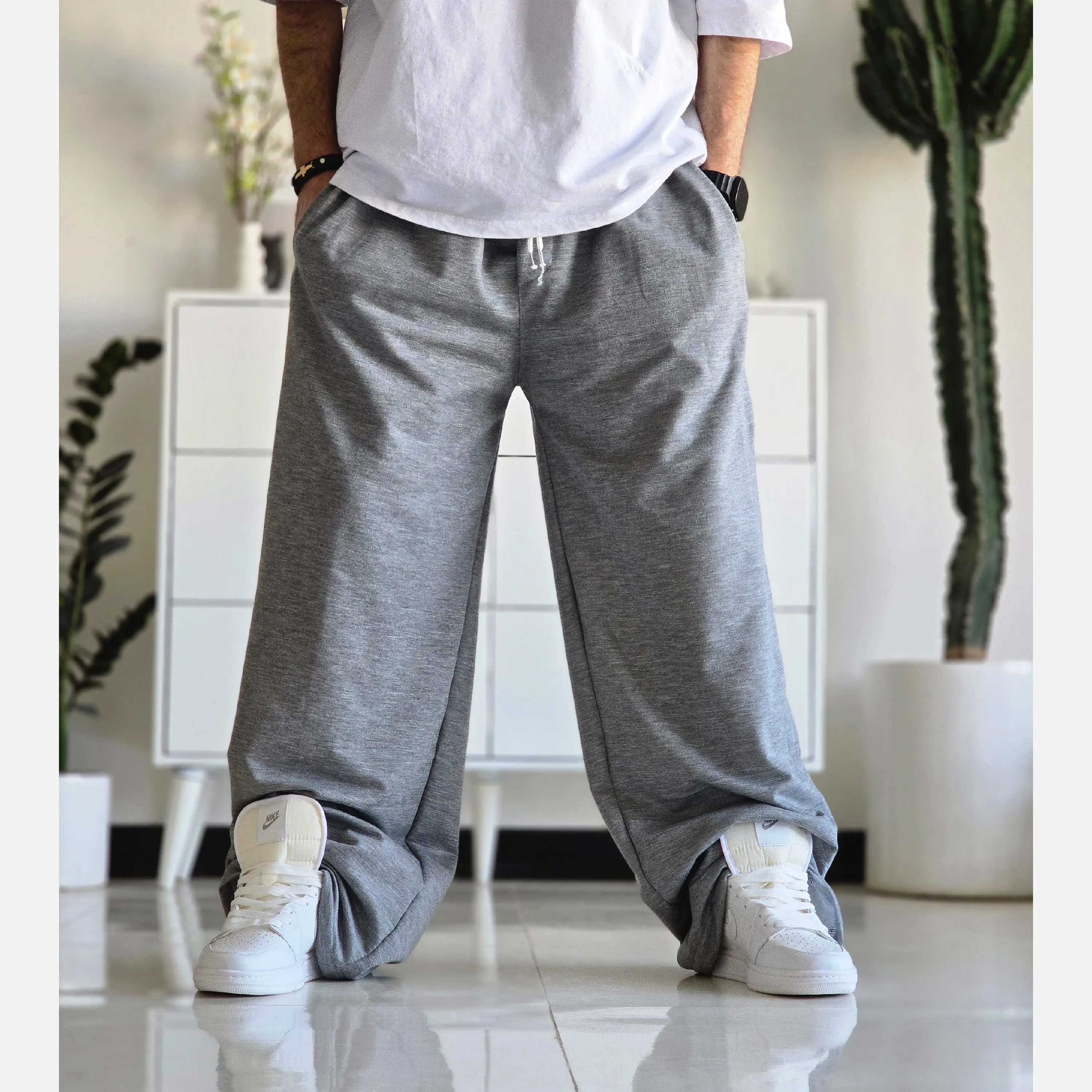 شلوار اسلش فول بگ پارچه ملانژ خنک رنگ طوسی و مشکی سایز بزرگ XXL و XXXL