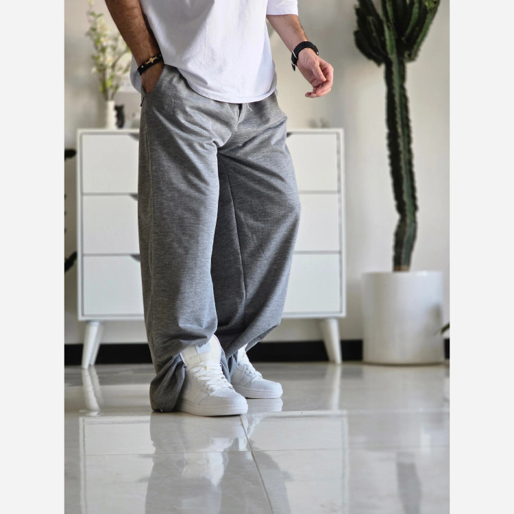 شلوار اسلش فول بگ پارچه ملانژ خنک رنگ طوسی و مشکی سایز بزرگ XXL و XXXL