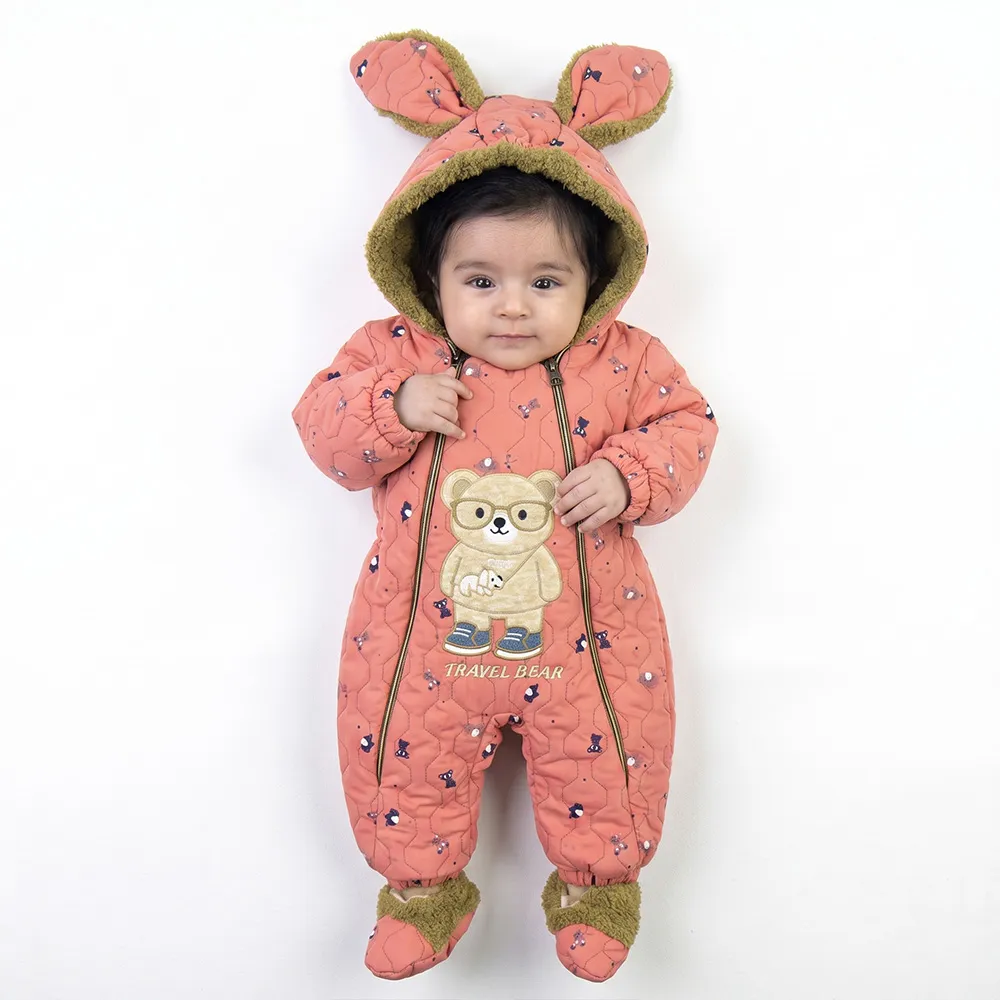 سرهمی کاپشنی نوزادی تدی گلبهی داخل خز کلاه گوشدار