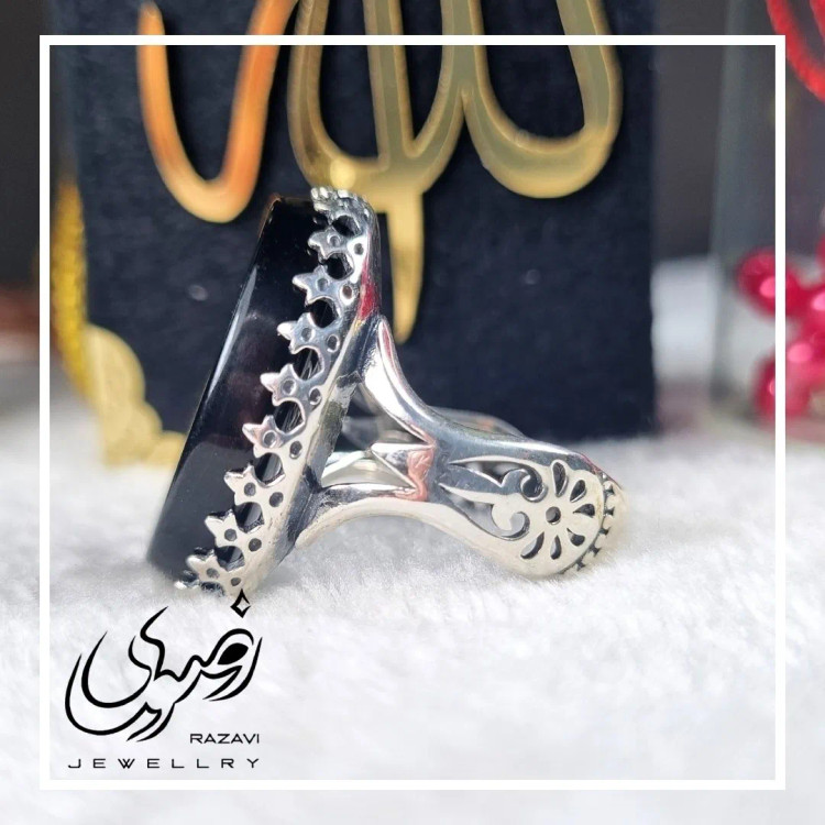 انگشتر مردانه آلیاژ نقره روس عقیق مشکی حکاکی حسبی الله
