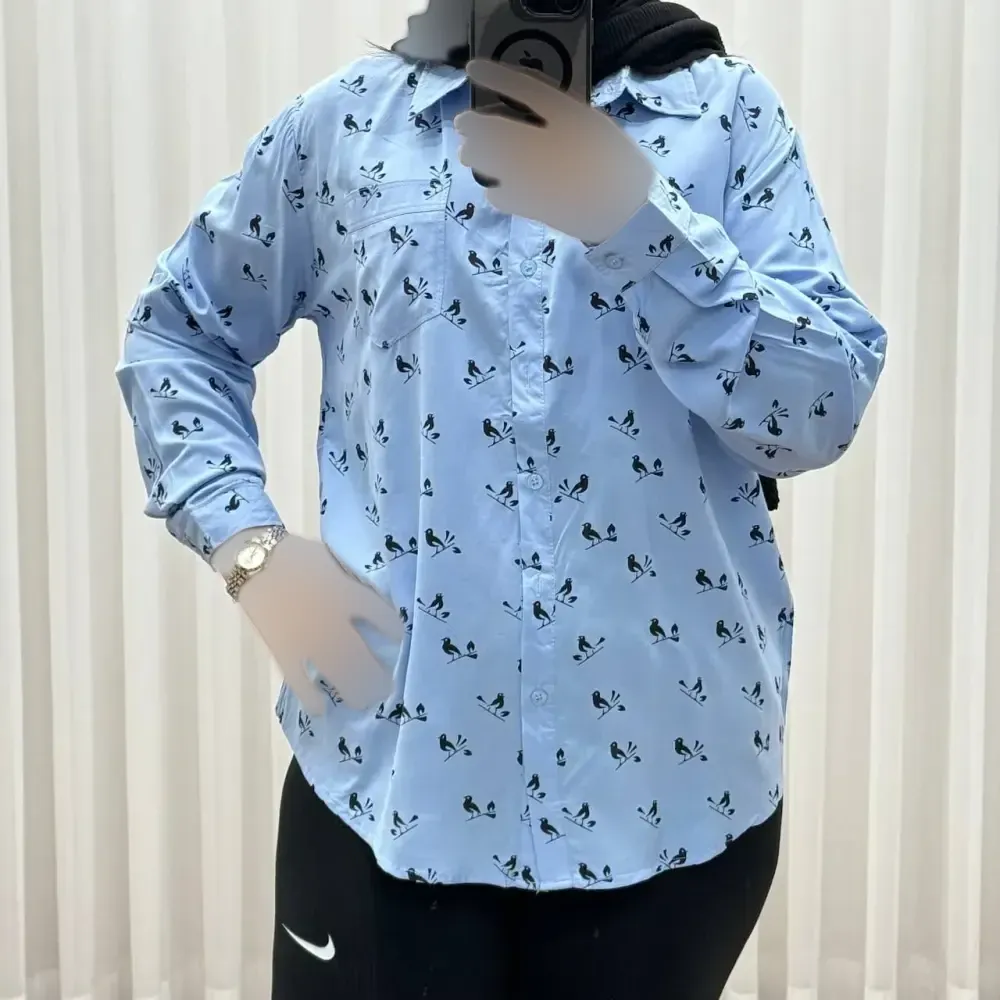 شومیز وارداتی نخی مدل Bird کد 1364 فری سایز تا 50 تنخور شیک چهارفصل زنانه و دخترانه