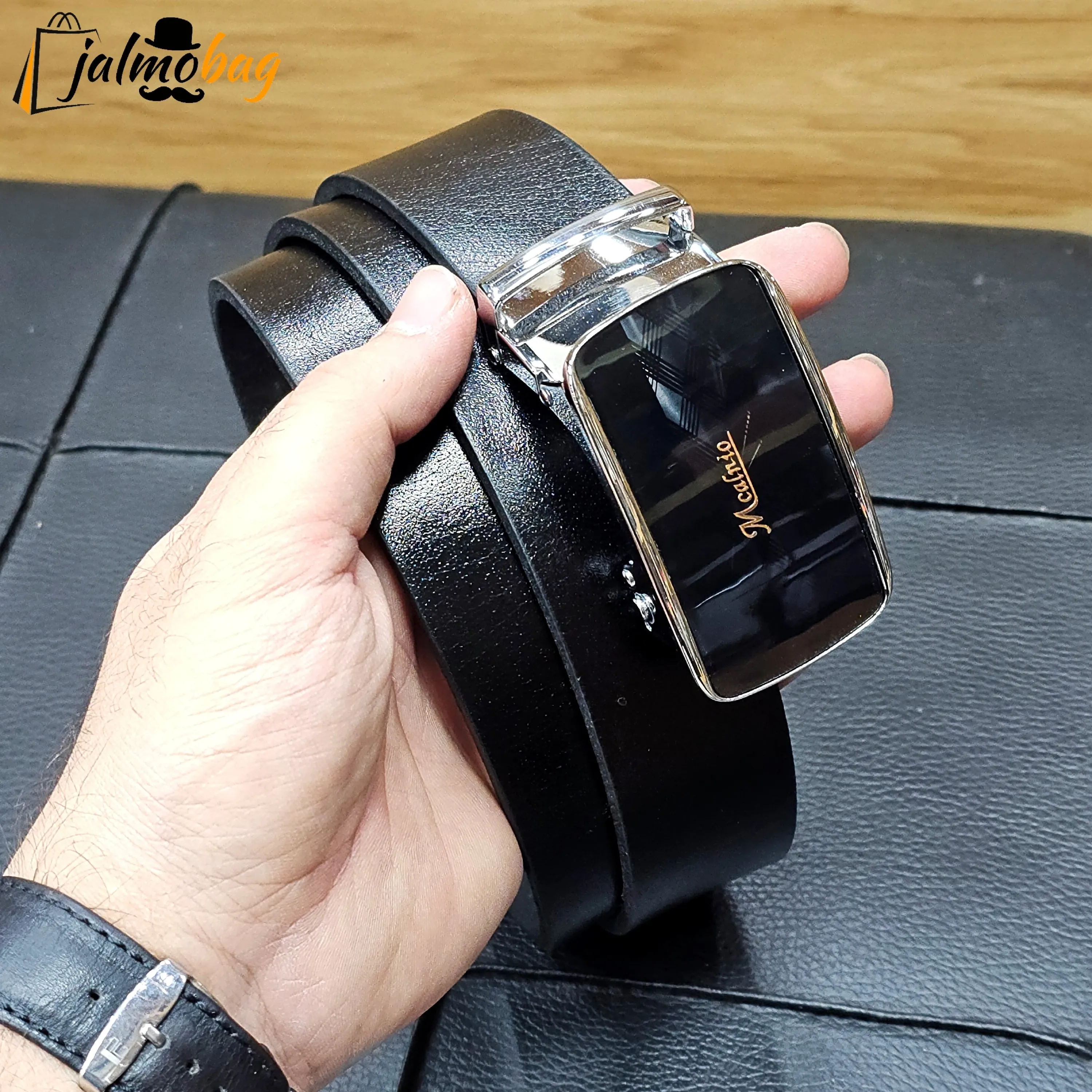 کمربند ریلی چرم طبیعی گاوی 3.5 سانت طول 125 سانتی متر سگک خارجی