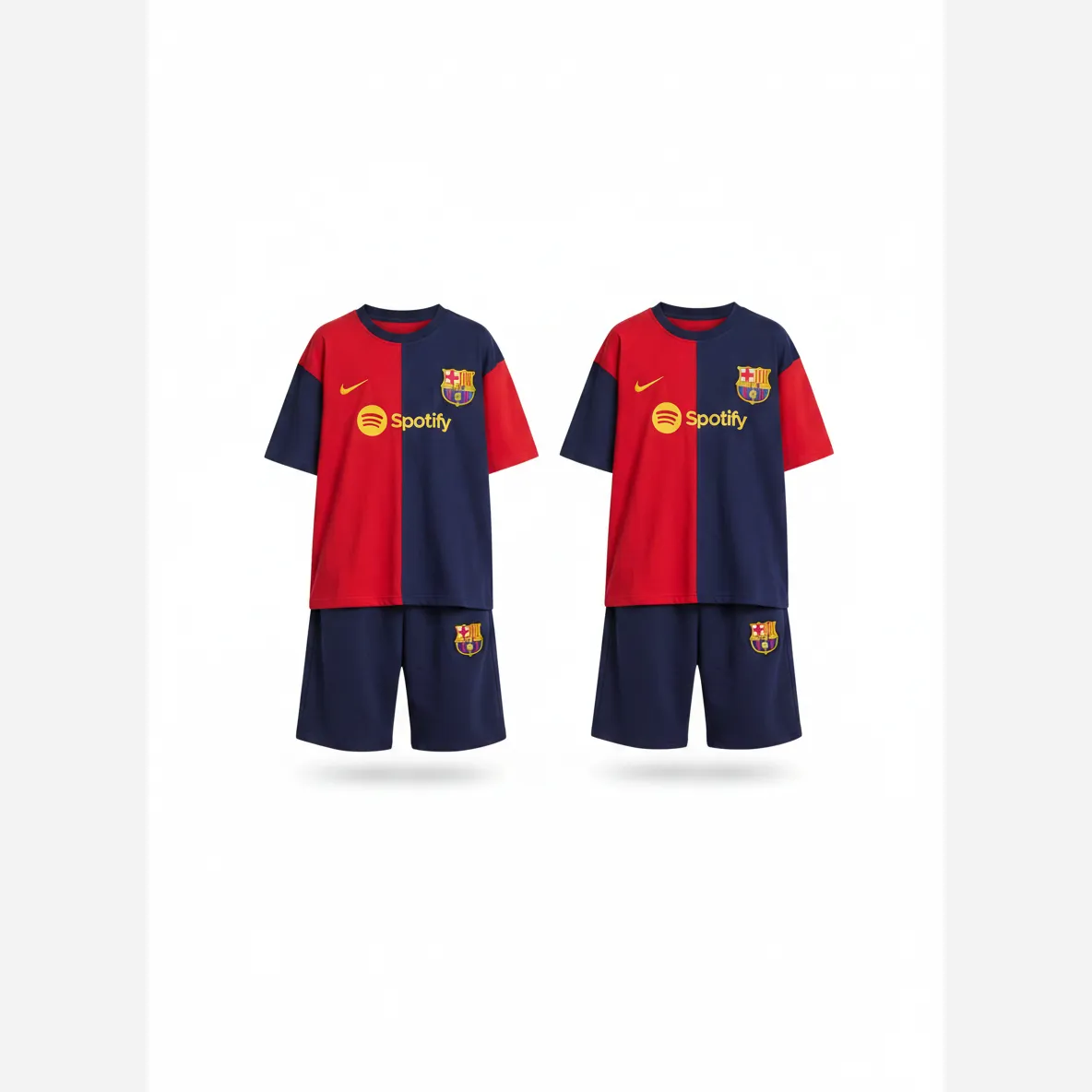 ست لباس فوتبال بچگانه طرح بارسلونا تیشرت و شورت ورزشی پسرانه رنگ قرمز و سرمه ای