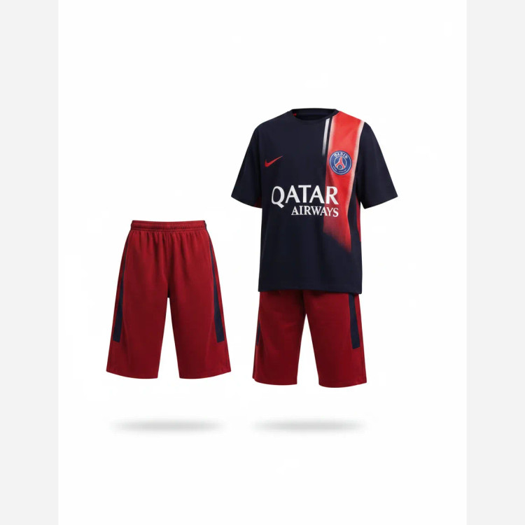 کیت لباس ورزشی فوتبالی پاریسن ژرمن ست تیشرت و شلوارک بچگانه قرمز و سرمه ای مناسب 9 تا 15 سال
