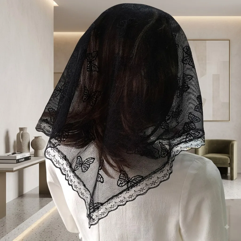 مینی اسکارف تور پروانه ای مشکی سایز 70 در 70 دور دانتل