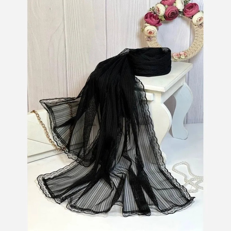 شال مشکی تور دیپلمات زنانه حاشیه گیپور دوزی شده ابعاد 180x52