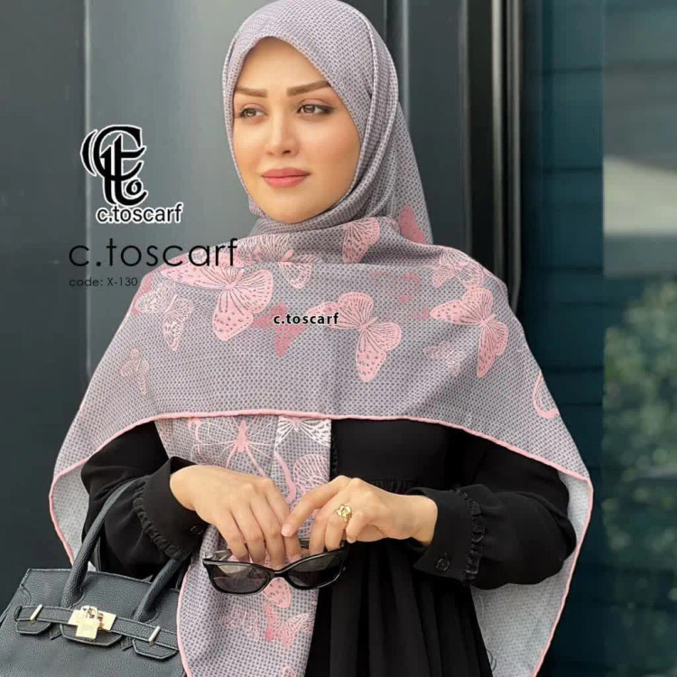 روسری نخ کاستوم طرح پروانه خال خالی طوسی صورتی قواره بزرگ 140 سانتیمتر